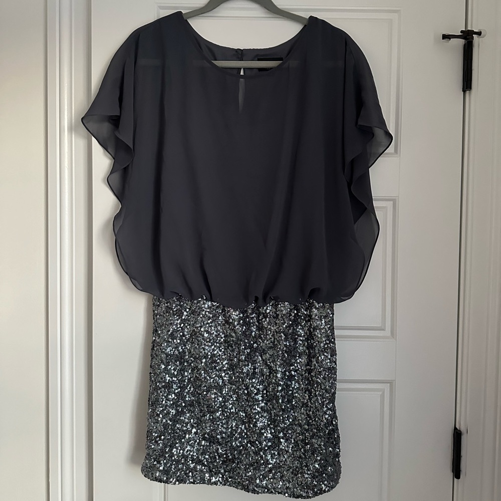 XSCAPE sequin dress with mesh top
